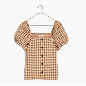 Madewell Brown Gingham Puff Sleeve Top